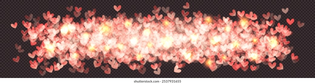 Heap of transparent glowing heart shape bokeh with overlay effects and gradient mesh. Festive bg with pink and rose elements. Valentine romantic blurred bg. Vector illustration
