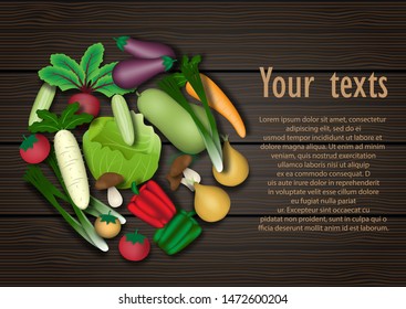 Heap and variety of vegetables in circle shape with space and Lorem Ipsum texts  on dark wood pattern background.