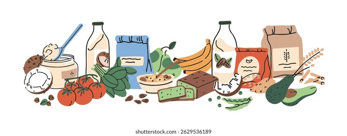 Um monte de comida vegetariana. Banner com muitos produtos de supermercado para veganos. Pilha de alimentos para uma nutrição saudável. Leite, legumes, frutas e soja diferentes. Ilustração de vetor isolado plano em branco