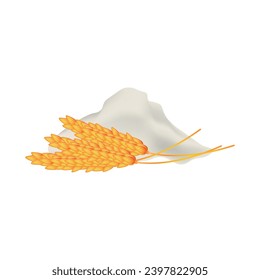Heap of wheat flour with ears on white background