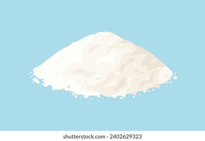 Heap of white powder on blue background. Vector cartoon flat illustration of wheat flour or whey protein.