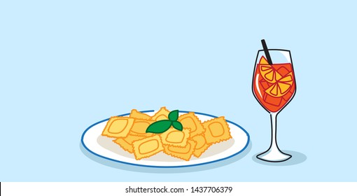 heaped plate of pasta juicy orange fruit cocktail restaurant food menu concept sketch doodle horizontal