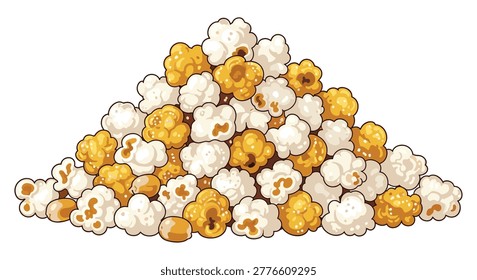 Heaping mound of white and yellow buttered popcorn kernels piled high on a white surface for a movie night snack illustration.