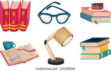 Montones de diferentes libros cerrados y abiertos y lámparas para estudiar conjunto de vectores