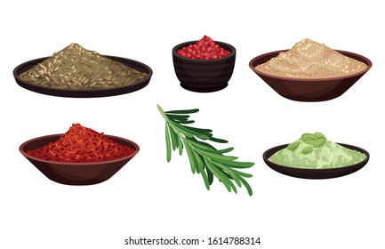 Heaps of Different Spices and Condiments Poured in Bowl Vector Set