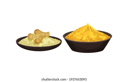 Heaps of Different Spices and Condiments Poured in Bowl Vector Set