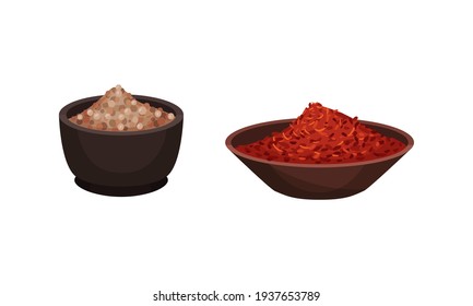 Heaps of Different Spices and Condiments Poured in Bowl Vector Set