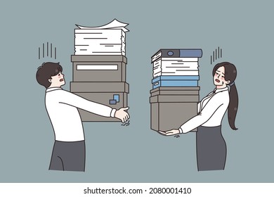 Heaps Of Documents In Office Concept. Young Tired Workers Colleagues Man And Woman Carrying Stacks Of Heavy Documents And Papers Vector Illustration 