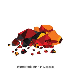 Heaps of glowing coal, hot embers isolated on white 
