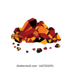 Heaps of glowing coal, hot embers isolated on white 
