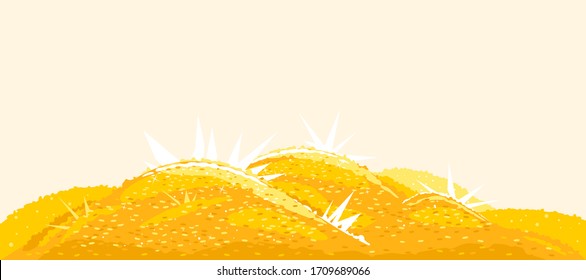 Heaps of gold coins, big bright treasure of gold coins with bright lights illustration background, wealth concept landscape, gold reserves