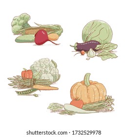 Heaps of hand-drawn popular vintage style seasonal vegetables for cooking, vector illustration. Harvest. Healthy lifestyle. Spring. Rareripes. hastings. Farmer bio products. For prints, menu, labels