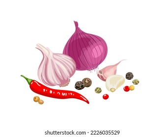 Heaps of hot spices isolated on white. Onion, garlic, chili, peppercorn and allspice. Vector cartoon food illustration.