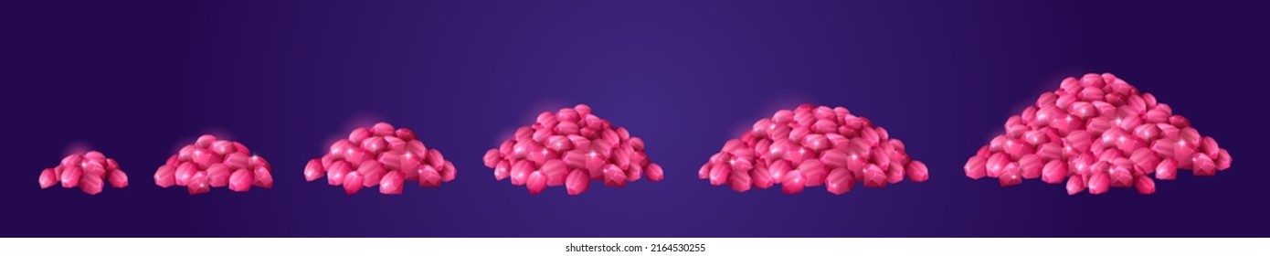 Heaps of precious ruby stones. Vector cartoon set of shiny cut pink crystals in piles differnt size. Game icons of luxury trophy, wealth, pirate treasure isolated on background