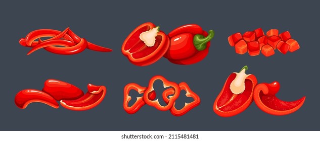 Heaps red bell pepper sliced to cubes and circle, slices sliced. Whole red sweet pepper vegetable and half red bell pepper. Vector illustration.