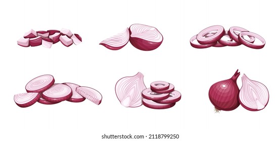 Heaps red onions sliced to cubes and circle, slices sliced. Whole red onion and half. Vegetables ingredient for cooking food, vector illustration.