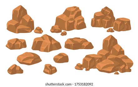 Heaps of rock stones set. Piles of massive brown boulders and cobbles isolated on blue background. Flat vector illustration for mountains, granite, rough mineral concept