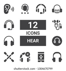 hear icon set. Collection of 12 filled hear icons included Headphones, Voice recognition, Headphone, Earbuds, Ear protection, Listen