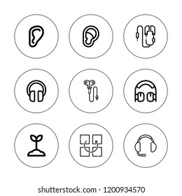 Hear icon set. collection of 9 outline hear icons with bud, displace, ear, earphone, earphones icons. editable icons.