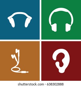 Hear icons set. set of 4 hear filled icons such as ear, earphones