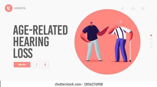 Hear Loss, Deafness Landing Page Template. Young Character Communicate with Senior Man Suffering Hard of Hearing Need Doctor Appointment, Ear Impair Diagnosis. Cartoon People Vector Illustration