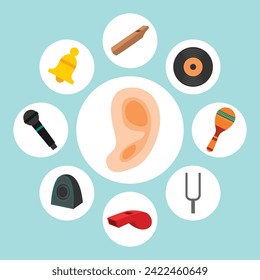 Hear Sense, Human Sense Nervous System Feeling Icon Collection with ear, flute, disk,maracas, Phonograph, record, Tunning, fork, whistle, speaker, microphone, bell.  Anatomy Human Body Part