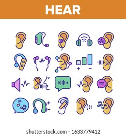 Hear Sound Aid Tool Collection Icons Set Vector Thin Line. Hear Music Earphones And Dynamic, Hearing Device And Volume Button Concept Linear Pictograms. Color Contour Illustrations