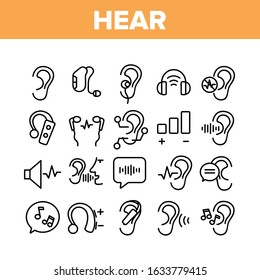 Hear Sound Aid Tool Collection Icons Set Vector Thin Line. Hear Music Earphones And Dynamic, Hearing Device And Volume Button Concept Linear Pictograms. Monochrome Contour Illustrations