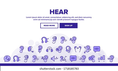 Hear Sound Aid Tool Landing Web Page Header Banner Template Vector. Hear Music Earphones And Dynamic, Hearing Device And Volume Button Illustration