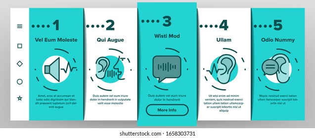 Hear Sound Aid Tool Onboarding Icons Set Vector. Hear Music Earphones And Dynamic, Hearing Device And Volume Button Illustrations