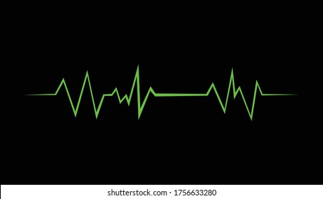 Hearbeat green line with dark background. Vector isolated illustration. Abstract wave. Pulse red vector trace. EKG cardio line red symbol. Medical and Healthy concept