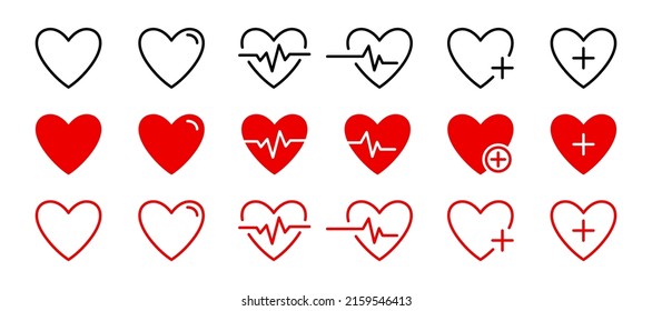 Hearbeat icon collection. heart beat pulse icon. Heart icon with plus. Cardiogram heart icon set.