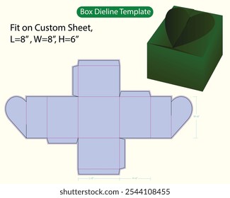 Heard Flap Gift  Box L 8, W 8, H 6 inch Dieline Template. Design Editable Vectoe File