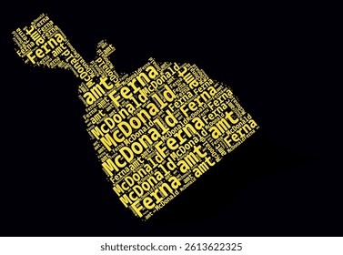 Heard Island and McDonald Islands Regions Word Clouds. Bright neon style design on a dark background. Region names of the country in the English language. Country shape with administrative division.