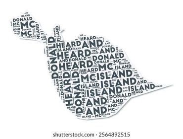 Heard Island and McDonald Islands shape text cloud. Country border with shadow on white background. Heard Island and McDonald Islands with regions division in vintage gazette style.