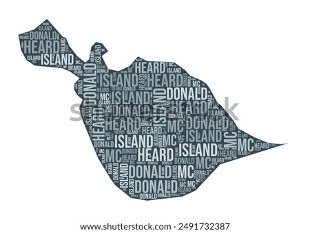 Heard Island and McDonald Islands shape. Country word cloud with region division. Heard Island and McDonald Islands colored illustration. Region names cloud. Vector illustration.