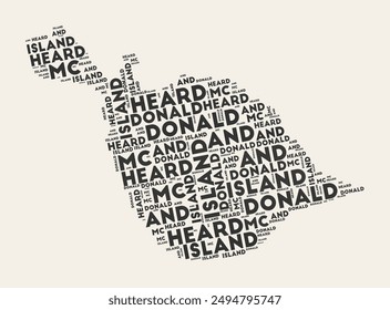 Heard Island and McDonald Islands word cloud. Country with regions division. Heard Island and McDonald Islands typographic text clouds vector image design. Vintage gazette style country shape image.