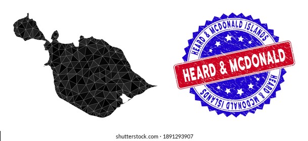 Heard and McDonald Islands map polygonal mesh with filled triangles, and rubber bicolor stamp seal. Triangle mosaic Heard and McDonald Islands map with mesh vector model,