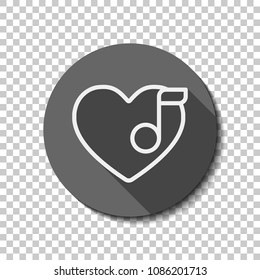 Heard and note, Favourite music. Linear icon with thin outline. White flat icon with long shadow in circle on transparent background. Badge or sticker style