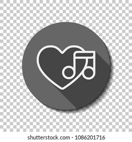 Heard and note, Favourite music. Linear icon with thin outline. White flat icon with long shadow in circle on transparent background. Badge or sticker style
