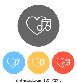 Heard and note, Favourite music. Linear icon with thin outline. Set of white icons on colored circles