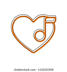 Heard and note, Favourite music. Linear icon with thin outline. Isolated icon consisting of black thin contour and orange moved filling on different layers. White background