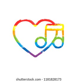 Heard and note, Favourite music. Linear icon with thin outline. Drawing sign with LGBT style, seven colors of rainbow (red, orange, yellow, green, blue, indigo, violet