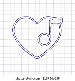 Heard and note, Favourite music. Linear icon with thin outline. Hand drawn picture on paper sheet. Blue ink, outline sketch style. Doodle on checkered background