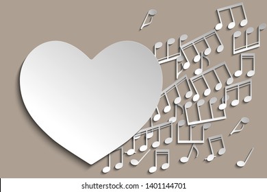 Heard and note. Favourite music. I love music template, heart made with notes, contain copy space inside for your text. Music theme design template. Paper cut style. Vector illustration. 
