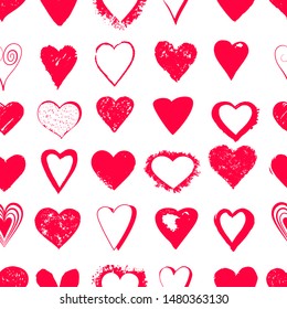 Heards pattern seamless. Red grunge hearts. Vector heart shapes. 