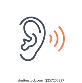 Hearing ability icon. Ear and sound waves silhouette, mental and cognitive skills. Template, layout and mock up. Poster or banner for website. Cartoon flat vector illustration