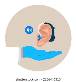 Hearing aid aerophone behind organ ear human health care close up. Vector illustration or icon design. Concept hearing aids, treatment of deafness.