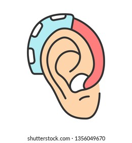 Hearing aid amplifier color icon. Acoustic sound enhancer. Hearing loss therapy. Amplification, assistive listening medical device. Endaural sound transmission equipment. Isolated vector illustration