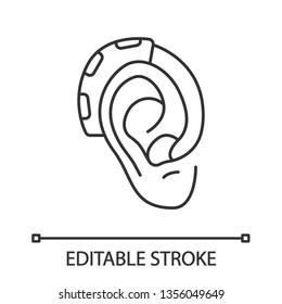 Hearing aid amplifier linear icon. Assistive listening medical device. Endaural sound transmission equipment. Thin line illustration. Contour symbol. Vector isolated outline drawing. Editable stroke